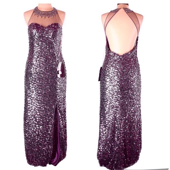 NWT Kasey J Dusty Purple Sequin High Mesh Illusion Rhinestone Neck Gown Size 12 - Picture 1 of 11